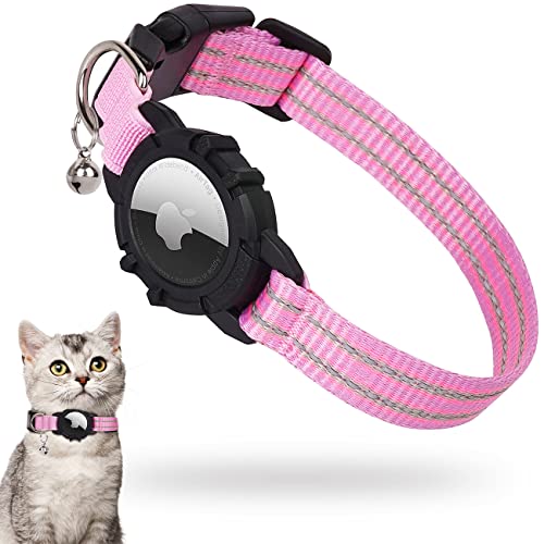 AirTag Katzenhalsband,Integriertes Apple Air Tag Katzenhalsband, Reflektierendes GPS Katzenhalsband mit AirTag Halter und Glocke [Pink], Leichte Tracker Katzenhalsbänder für Mädchen Jungen Katzen