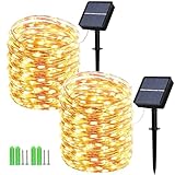 Geemoo 2 Stück Solar Lichterkette Aussen 2x15M 150 LED, Solar Weihnachtsbeleuchtung Außen Wasserdicht, 8 Modi Kupferdraht Solarlichterkette Warmweiß für Garten Terrasse Party Weihnachten Deko