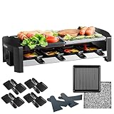 Raclette Grill | 8 Personen | Raclette Gerät | Raclettegrill | Party Grill | Elektro Grill | Tischgrill | Massive Naturstein- UND beschichtete Grillplatte | 1300 Watt | Heizelement aus Edelstahl