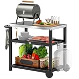 Outsunny Grillwagen 3-Etagen Servierwagen mit Arbeitsfläche Ablagen Haken Räder, Edelstahl BBQ Grilltisch, Grill Beistelltisch, Outdoor Rollwagen, Holzkohlegrill für Garten Grill 102x50x81cm Kohlegrau