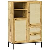HOMCOM Kommode, Aufbewahrungsschrank mit Rattan-Türen, Mehrzweckschrank mit Schubladen und verstellbaren Regalen, Metallrahmen, für Wohnzimmer, Schlafzimmer, Esszimmer, 80 x 40 x 120 cm, Naturholz