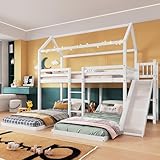 Kinderbett Hausbett für 3 Kinder, Dreierbett 90x200cm, Etagenbett Hochbett mit Rutsche, Regalen und Leiter, Holzbett Spielbett Jugendbett mit Lattenrost & Rausfallschutz, Kiefer, Ohne Matratze, Weiß