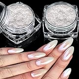 2 Schachteln Weiße Perle Chrom Nagelpuder - Transparent Aurora Ice Shimmer Chrome Pigment Pulver für Nägel, Glazed Donut Glitzerpuder Nails Spiegeleffekt-Glitter Nagelkunst-Pulver für DIY-Salon