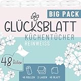 Glücksblatt Küchentücher, 48 Rollen á 45 Blatt, 3-lagige Küchenrollen, 100% Zellstoff, nachhaltig, saugstarke Haushaltsrollen, Allzwecktücher, Papiertücher, Papierhandtücher, Küchenpapier