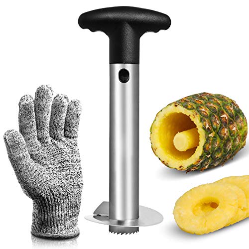 Asdirne Ananas Schäler, Ananas Schneider mit Edelstahlklinge in Lebensmittelqualität und ABS-Griff, Ananasschäler, 24 cm, schwarz. mit einem schnittfesten Handschuh