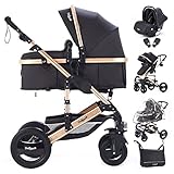 Daliya® Bambimo 3in1 Kinderwagen Kombikinderwagen Riesenset 15-Teilig incl. Babywanne, Buggy, Babyschale mit Fußsack, Alu-Rahmen, Voll-Gummireifen, Wickeltasche, Kindertisch Schwarz-Gold)