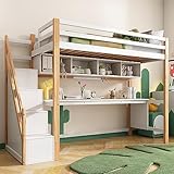 ZYLOYAL10 Kinderhochbett Hochbett mit Bücherregal und Stauraumtreppe für Kinder, Kinderbett mit Schreibtisch, inklusive Lattenrost, 90x200cm, Bettgestell, Jugendbett Spielbett