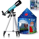 Bresser Junior Linsenteleskop 50/360 für Kinder - Astronomie Einsteigerset mit Zelt, Refraktor Teleskop, Stativ, Azimutale Montierung, Okulare und Zenitspiegel ,blau