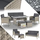 Juskys Polyrattan Gartenmöbel Sitzgruppe Turin Set 6 teilig - 7 Personen - Outdoor Möbel mit Sessel, Hocker, Tisch & Kissen - Garten Loungemöbel grau-meliert