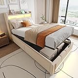 Rtopsu Kinderbett Polsterbett 90x200 cm, Jugendbett mit LED-Beleuchtung und USB-C, Einzelbett Stauraumbett mit hydraulisch Stauraum, Bett Bettgestell mit Lattenrost aus Holz, Beige, Ohne Matratze
