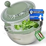 KITAPO Salatschleuder Edelstahl mit Kurbelantrieb [2 in 1 Servierschüssel] 4,5l [Wasserauslass, Spülmaschinengeeignet, rutschfest] Salad Spinner Obstsschleuder hochwertige Salatschleuder groß