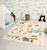 the carpet Happy Life Kinderzimmer, Kinderteppich, Spielteppich, Waschbar, Straßenteppich, Straße, Dschungel, Tiere, Auto, Beige, 80 x 150 cm