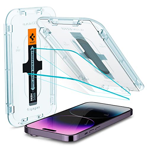 Spigen Glas.tR EZ Fit Schutzfolie kompatibel mit iPhone 14 Pro Max, 2 Stück, Kratzfest, 9H Härte Folie