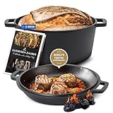 Ottia Gusseisen Topf, Dutch Oven, einsatzfertig eingebrannt, Deckel als Pfanne, Brot backen, Eintopf, Schmortopf, für Induktion, Gas, Camping, Feuer, BBQ, Grill, mit Rezeptbuch, Händler aus Hamburg