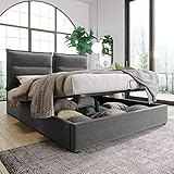 Kehun Doppelbett Polsterbett 140x200 cm, Hydraulisch Stauraumbett mit Stauraum und Lattenrost aus Metallrahmen, Modernes Bett Bettgestell mit Verstellbares Kopfteil, Samt, Grau, Ohne Matratze