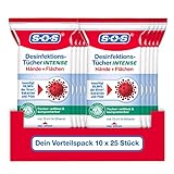 SOS Desinfektionstücher INTENSE für Hände + Flächen | biologisch abbaubar | beseitigen 99,99% der Bakterien, Pilze und Viren* (z.B. Herpes- Grippe- und Noroviren) | 10x25
