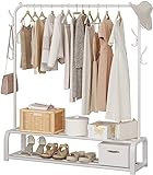 ACCSTORE Kleiderständer Trockengestell Freistehender Kleiderbügel Schlafzimmer Kleiderständer mit 2-stufigem unteren Lagerregal und seitlichen Haken,Weiß