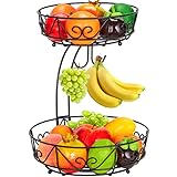 Bomclap 2 Stöckig Obstkorb für Platzersparnis,Obst Etagere Tehend Moderne Obstschalen, Metall Obstkörbe für Obst, Kuchen, Süßigkeiten,Gemüse (2 Stöckig mit Bananenhalter)