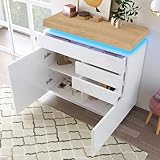 DUlVBPE Kommode, Hochglanz Sideboard mit 2 Türen und 3 Schubladen, LED Beleuchtung (App Control), Mehrzweckschrank für Wohnzimmer und Schlafzimmer, 115 x 110 x 39 cm, Weiß