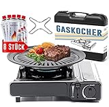 TruWare Campingkocher mit Grillaufsatz, Koffer & 8 Gaskartuschen (MSF-1a 227g) - Camping Gaskocher mit Grillplatte für Balkon, Garten, Urlaub - Gas Kocher mit Kartuschen Edelstahl