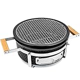 MEATEOR Shichirin-Grill, traditioneller japanischer Keramik-Grill mit Holzgriffen für einfaches Umstellen, Temperaturregelung über Lüftungsschieber,mit Edelstahl-Grillrost, geeignet für Holzkohle