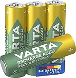 VARTA Batterien AA, wiederaufladbar, 4 Stück, Recharge Accu Recycled, Akku, 2100 mAh Ni-MH, aus 21% recyceltem Material, vorgeladen, sofort einsatzbereit