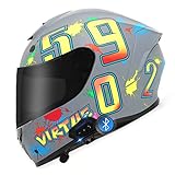 Bluetooth-Motorradhelme Für Erwachsene, Kratzfester Sonnenschutz-Visier-Integralhelm, Männer-Frauen-Motorrad-DOT/ECE-Zugelassener Helm, Moped-Street-Bike-Rennhelm Mit Grafik,Gray b,XXL