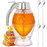 Transparent Acryl Glas-Honigspender Bootoow Shake Handshandle Honig-Dosierer Syrup Spender für Honig Sirup 1 pcs Honigspender mit Untersatz Speicher Ständer 4 pcs Edelstahl Honiglöffel