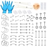 AVYRING 99 Stück Mixed Piercing Set Selber Stechen, 14G 16G 18G 20G 316L Chirurgenstahl Piercing Nadeln Werkzeuge für Nase Bauchnabel Augenbraue Lippe Zunge Ohr Tragus Helix Piercing Schmuck, Silber