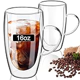 ParaCity Cappuccino Tassen 2er Set, 470ml Latte Macchiato Gläser, Doppelwandige Gläser mit Henkel, Espressotassen aus Borosilikatglas, Kaffeegläser für Spülmaschinenfestes (470ML)