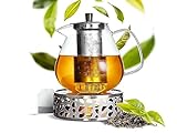 VESTAhome Teekanne Glas mit Siebeinsatz & Stövchen (1,5 L) - Tee Kanne Set aus Borosilikatglas & Stövchen für Teelicht - Teapot mit Teebereiter & Sieb