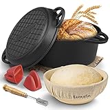 Gusseisen Topf zum Brot backen - Starter-Set mit Gärkorb, Bäckermesser und Brotrezepten - Idealer Brotbackfrom mit Deckel 26cm, Brottopf, Brotbacktopf, Gusseisen Bräter, Cast Iron Pot, Gusseisentopf