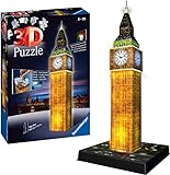 Ravensburger 3D Puzzle 12588 - Big Ben bei Nacht - Bauwerk im Miniatur-Format, 3D Puzzle für Erwachsene und Kinder ab 8 Jahren, Leuchtet im Dunkeln