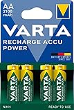 VARTA Batterien AA, wiederaufladbar, 4 Stück, Recharge Accu Power, Akku, 2100 mAh Ni-MH, ohne Memory Effekt, vorgeladen, sofort einsatzbereit