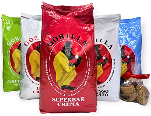 Gorilla Kaffee & Espresso Probierset 5x 1000g | Gorilla: Super Bar Crema, Kaffeehaus Mischung, Delicato, Café Creme, Super Bar | + 4x Jassas Zuckerstick