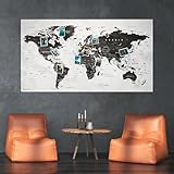 XXL Weltkarte als Pinnwand | Reiseziele und Urlaub pinnen | Landkarte aus edlem Vlies in Grau | 130 x 70 cm, inkl. 20 Fähnchen