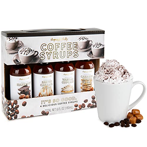 Thoughtfully - Kaffee-Sirup Geschenkset - Enthält 4x leckeren Sirup für den Kaffee - Haselnuss, Salz-Karamell, Vanille, Karamell