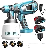 Akku Farbsprühsystem, Kompatibel mit Makita 18V Akkus, Elektro Lackierpistole mit 3 Düsen, 3 Spritzmuster,mit Abnehmbarem 1000ml-Farbeimer, zum Streichen(2x3000mAh Akku)
