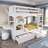 Kinderbett Etagenbett 90x200, Hochbett für 2 Kinder, Hausbett mit 2 Schubladen&klappbarem Schreibtisch&Regal&Leiter, Doppelbett Holzbett mit Lattenrost&Rausfallschutz, Massivholz, Ohne Matratze, Weiß