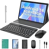 2025 New 10.1 inch Android 14 Tablet, 2 in 1 Tablet, 8GB RAM Expanded 64GB ROM with Keyboard, Case, Mouse, and Stylus, 5MP+8MP Dual Camera, WiFi, Green
