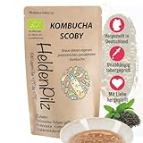 HeldenPilz® | Organic Kombucha Scoby | WACHSTUMSSTARKER TEEPILZ + Ansatzflüssigkeit + Geschenk | Herstellung bis 6 Liter | 100% Natürlich Bio nachhaltig und plastikfrei verpackt