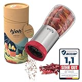 kjøk Premium Chilimühle aus Edelstahl & Glas Chilischneider mit Stahl Schneidwerk Gewürzmühle Gewürzschneider zum Selbstbefüllen 100ml Vorrat Aromaschutzdeckel und Qualitäts Schneider Spice Grinder