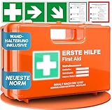 Erste Hilfe Kasten nach neuer DIN 13157:2021 inkl. Wandhalterung, Aufklebern & Plombe | Universal Erste Hilfe Koffer für Betrieb, Haushalt oder Gastronomie - Büro Verbandskasten gefüllt, Sanikasten