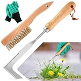 COZCLAM 2-teiliges Unkraut Entferner Gerät mit Handschuhe –Fugenkratzer & Fugenbürste mit Ergonomischem Holzgriff und Verstärkter Klingenverbindung, Unkrautkratzer für Patios und Einfahrten