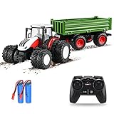 nmoiww 1:24 Ferngesteuerter Spielzeug-Ackerschlepper mit Doppelbatterie, Ferngesteuerter Traktor, Ackerschlepper mit Anhänger, Kinder 3–10 Jahre (Grün)