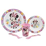 5-TEILIGES KINDERGESCHIRRSET. TELLER, SCHÜSSEL, 260ML GLAS UND BESTECK. BPA-FREI UND MIKROWELLENGEEIGNET. | MINNIE MOUSE MOUSE SPRING LOOK, Bunt