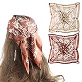 AHQiZFX 2 Stück Bandana,Kopftuch Damen,70x70cm Große Quadratische Schals für Damen,Haartuch Seide,Satin Halstuch,Quadrates Bedrucktes Halstuch,Mädchen Haarschal Haarschmuck-Braun/Kamel