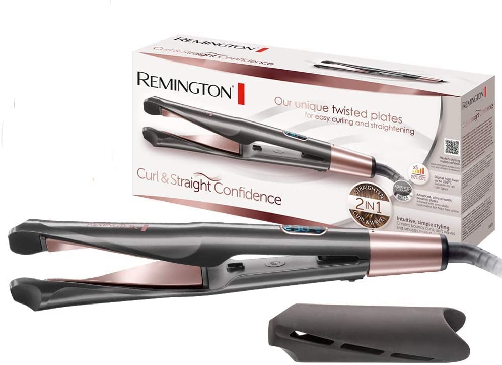 Remington Glätteisen & Lockenstab - Curl&Straight Confidence 2in1 Multistyler [Upgrade] (geschwungene Stylingplatten zum Glätten, Locken & Wellen) 150-230°C, Haarglätter S6606B [Amazon Exklusiv]
