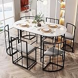 KUAKE Esstisch Set 7-teilig, Esszimmertisch mit 6 Essstühlen, Moderne Esszimmergruppe mit Oval Esstisch, Essgruppe mit Grau Gepolstert Essensstuhl und Vergoldeten Eisenrahmen(Schwarz)