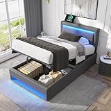 Gxffipw Kinderbett Polsterbett 90 x 200 cm mit USB Anschluss und LED Licht, Hydraulisches Bett mit Stauraum und Kopfteil, Einzelbett Bettgestell mit Lattenrost, PU, Grau, Ohne Matratze